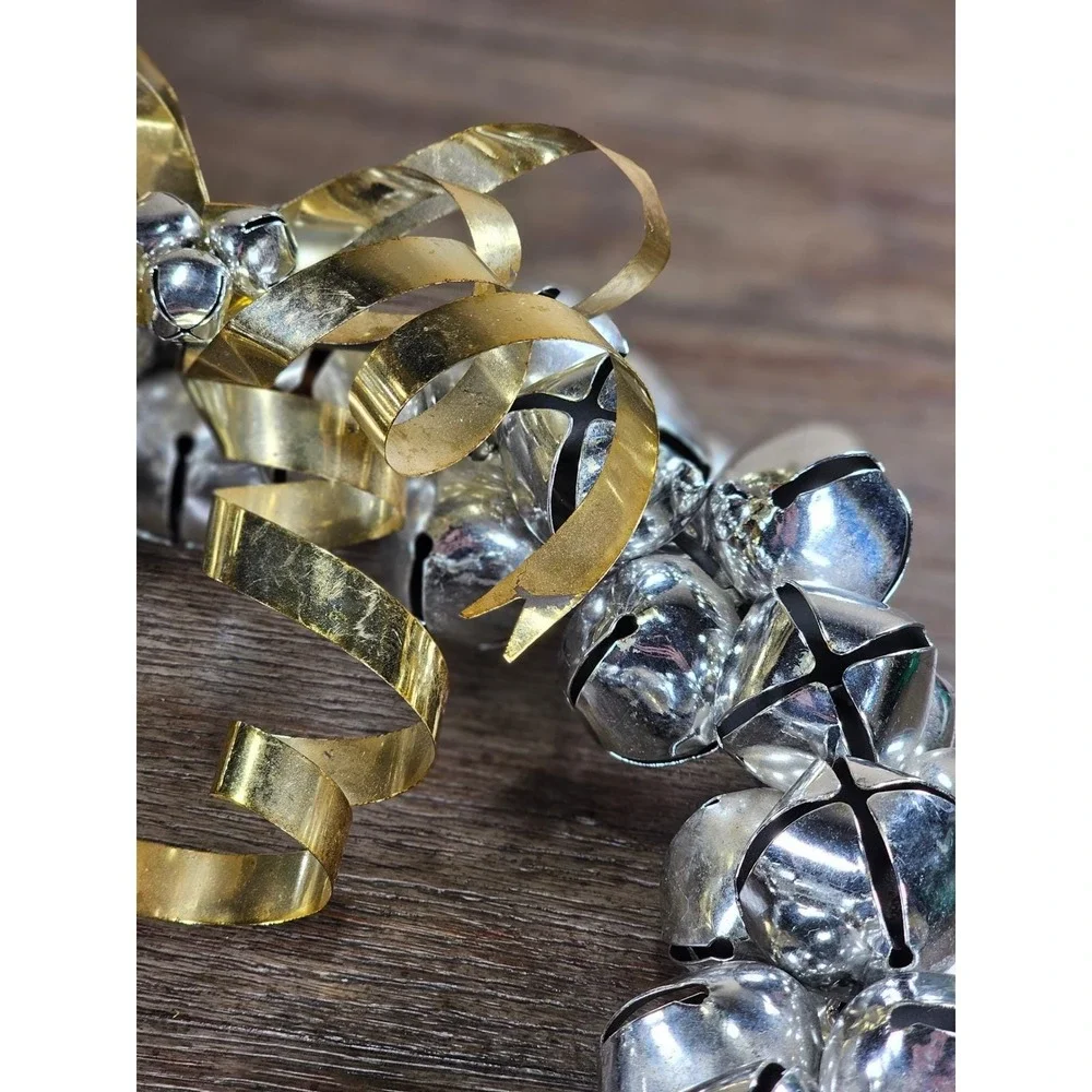 Vintage Silver Jingle Bell Wreath Gold Bow Christmas Door Decor